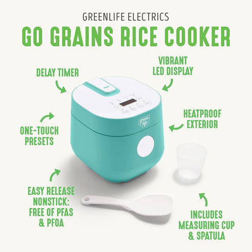 GreenLife 4-Cup Digital Rice Cooker, PFAS & PFOA-Free, Removable Ceramic Pot, Touch-screen, Turquoise
