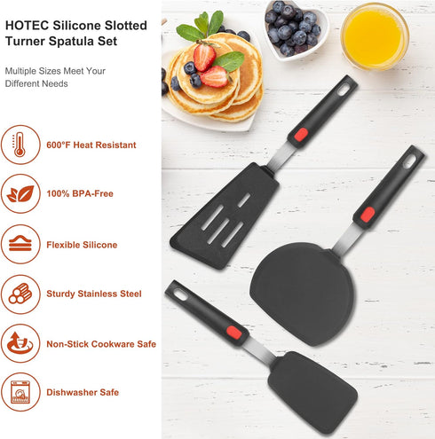 Hotec Silicone Spatula Turner Set of 3, 600°F Heat Resistant, Large Flexible Rubber Spatula for Nonstick Cookware