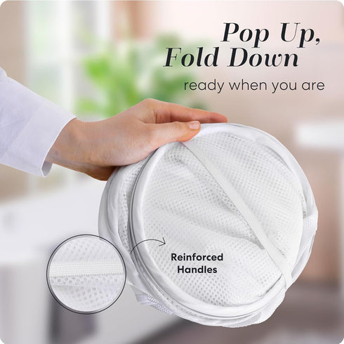 Handy Laundry Mesh Popup Hamper - White, Two Compartments, Collapsible for Easy Storage, Great for Kids Room or Travel.