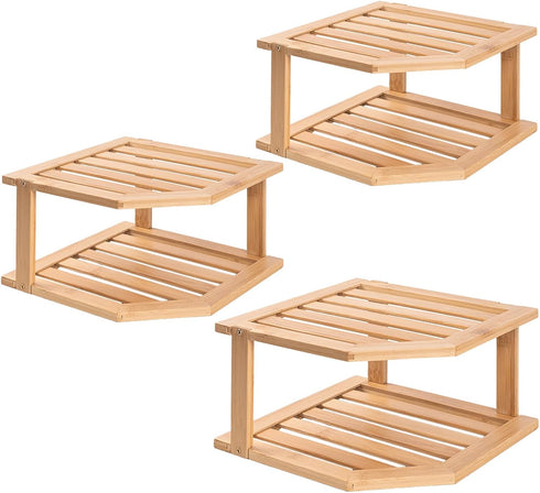 VERTORGAN Bamboo Corner Shelf(3 Pack),2 Tier Plate Organizer for Cabinet and Countertop,Pantry
