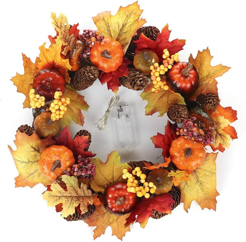 Lighted Fall Harvest Thanksgiving Wreath with Maple Leaf - 12 Inches, Front Door Wall Decor