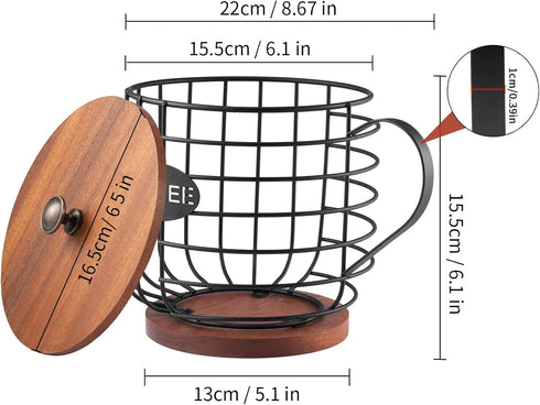 Coffee Pod Holder with Lid - Large Capacity K Cup Coffee Filter Holder with Rustic Wooden Base, Black Wire Storage