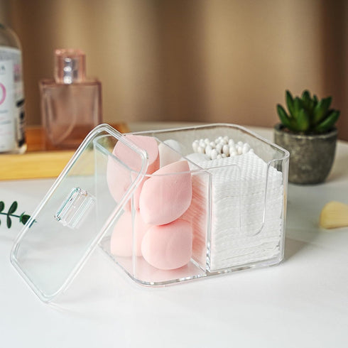 Qtip Holder - Clear Acrylic Cosmetic Items Storage Dispenser for Bathroom Vanity Countertop, 4 Compartments