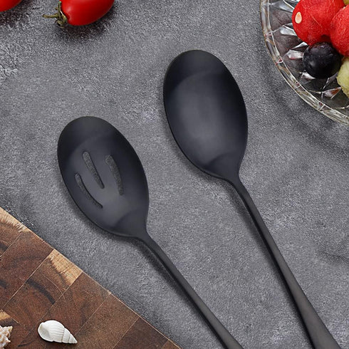 Serving Spoons x 3, Slotted Spoons x 3, AOOSY 8.7 inches Matte Black Utility Advanced Performance Skimmer Perforated, 8 3/4" Stainless Steel Black Serving Spoons Set for Buffet