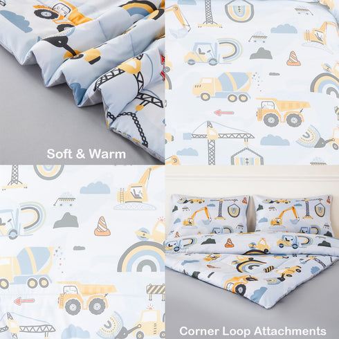 5 Set Set ANGIYUIN Pieces Construction Twin Size Comforter for Boys Kids Cartoon Car Excavator Tractor Bed in A Bag