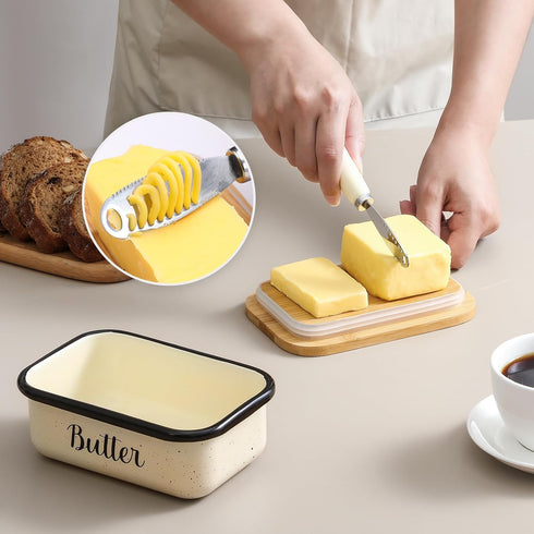 Butter Dish with Lid and Curler Knife, Unbreakable Metal Keeper Container for Kitchen Farmhouse Decor, Speckled White