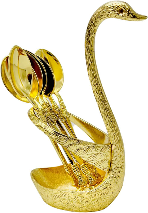 Swan Spoon Set, 7 PCS Mediterranean Mini Spoon Cutlery with Holder, Exotic Luxury Flatware, Gold