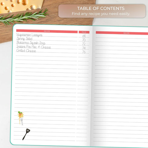Clever Fox Recipe Book - A5 Blank Cookbook Organizer for 60 Family Recipes, Turquoise