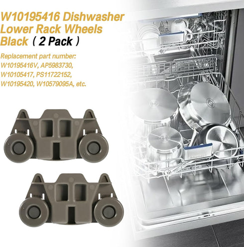 YMDparts 2 Pack Black Dishwasher Lower Rack Wheels for Whirlpool, KitchenAid, Maytag, Kenmore - W10195416, W10195416V