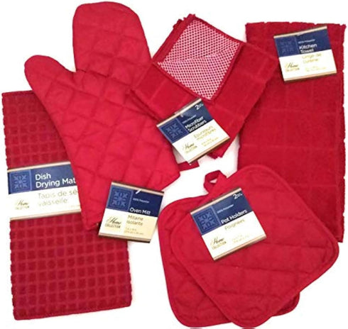 Kitchen Towel Set with 2 Quilted Pot Holders, Oven Mitt, Dish Towel, Dish Drying Mat, 2 Microfiber Scrubbing Dishcloths