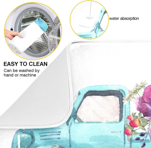 ALAZA Blue Trolley Truck Purple Rose Flower Dish Drying Mat for Kitchen Ccounter Absorbent Microfiber Small Drying Pad Dish mats for Kitchen Countertops 16 x 18 Inch