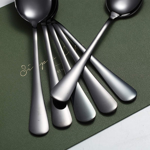 Kyraton 6-Piece 8" Stainless Steel Table Spoon Set, Titanium Black Plating, Gold Soup & Dessert Spoons