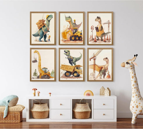 Youillne 8x10 Inch Set 6 Dinosaur Nursery Wall Art Boys Room Canvas Wall Decor Construction Toddler Poster Kids Dino