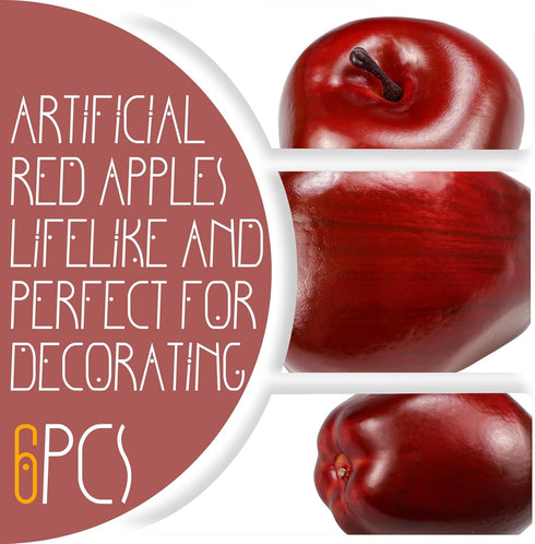 6 Lorigun Artificial Apples Fake Fruits Red Delicious Apples for Decoration, Decorative Fruit, Faux Big Red Apple Pcs