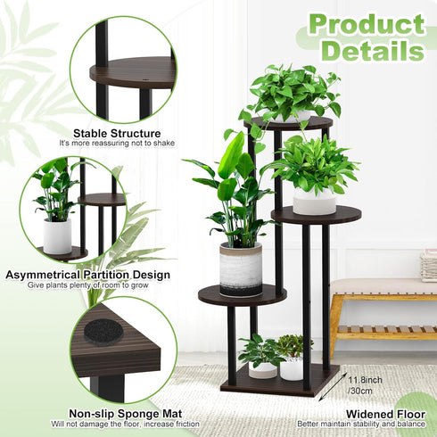 YOCOMEY 4 Tier Wood Tall Plant Stand Metal Rack Indoor, Multiple Flower Pot Holder Shelves Corner Rack, Round Planter