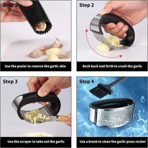 Rngeo 2 Pack 2 2 2 Garlic Press Rocker, Stainless Steel Garlic Mincer with Peelers, Scrapers and Brushes | Garlic