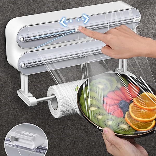 AUSTUFF 3 in 1 Plastic Wrap Dispenser with CutterMagnetic Aluminum Foil and Adhesive