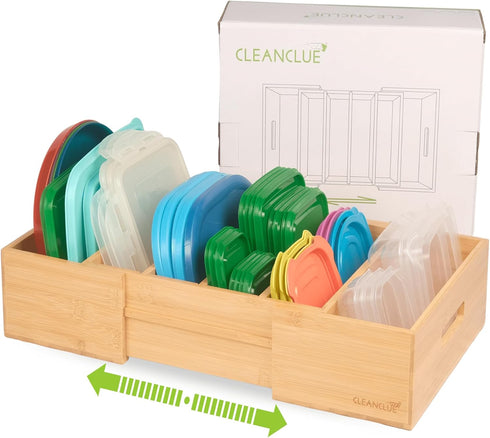 Expandable Kitchen Cabinet Organizer for Food Storage Container Lids, Bamboo Drawer Caddy, Adjustable Dividers