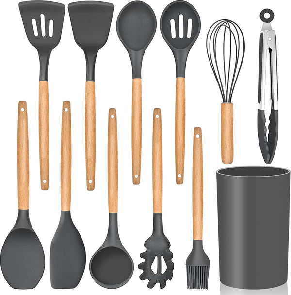 Kitchen Utensils Set of 12 - E-far Silicone Cooking Utensils with Holder, Non-stick & Heat Resistant for Cookware