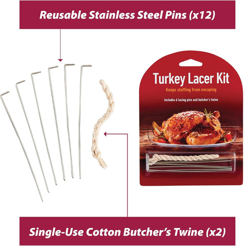 HIC Kitchen Roasting Holiday Turkey Lacer Kit, Cotton Butcher’s Twine with Reusable Stainless Steel Pins