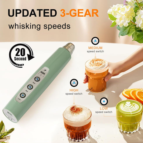 YUSWKO Granite Green Handheld Milk Frother Wand for Coffee, Rechargeable Electric Whisk with 3 Heads and 3 Speeds for