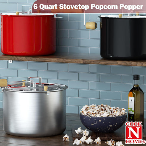 Cook N Home 6-Quart Aluminum Stovetop Popcorn Popper with Crank, Red Popcorn Pot