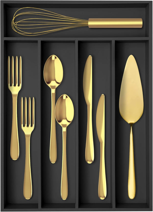 Bamboo Kitchen Drawer Silverware Organizer - 5 Slots Utensil Holder Tray for Flatware