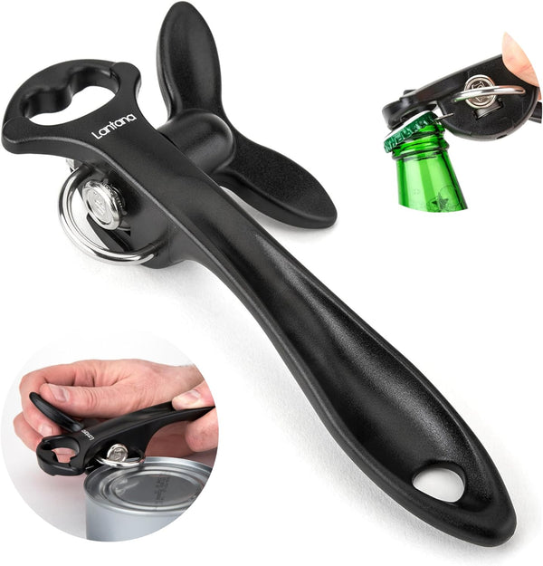 Lantana Smooth Edge Can Opener with Bottle Cap Lifter - Manual Safety Tin Opener - Black/Stainless Steel