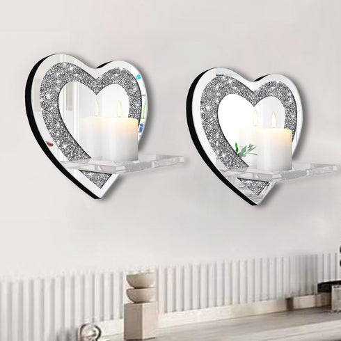 Set 2 ZOLAPI of Crystal Crush Diamond Candle Sconces, Gorgeous Silver Mirrored Wall Sconce, Candle Holder Glass Wall