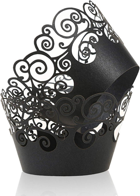 KPOSIYA Cupcake Wrappers, 100 Pack Filigree Artistic Bake Cake Paper Cup, Black, for Wedding Party Birthday