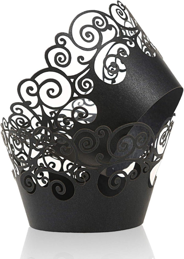 KPOSIYA Cupcake Wrappers, 100 Pack Filigree Artistic Bake Cake Paper Cup, Black, for Wedding Party Birthday