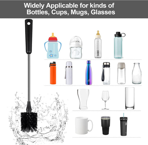 15 Inches Long Water Bottle Brush, Stainless Steel Handle Cleaner, Black Bottle Scrubber for Cup, Wine Glasses, Tumblers