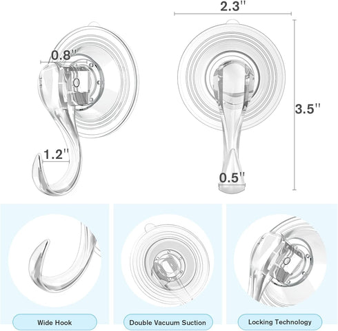 VIS'V Small Shower Suction Cup Hooks, Heavy Duty, Removable and Reusable, Clear, 2 Pcs