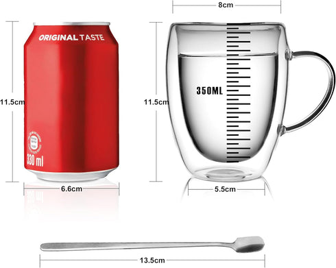 6 Pack 12oz 350ml LIBWYS Double Walled Coffee Cups Glasses Mugs, Espresso Cappuccino Latte Tea Cups with Handle, Heat