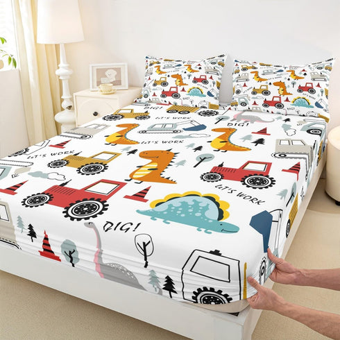 Set Set Set Feelyou Construction Sheet Kids Cartoon Dinosaur Sheets with Deep Pocket Fitted Sheet for Boys Teens