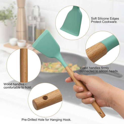 Kitchen Utensils Set of 12, Silicone Cooking Utensils with Non-Slip Wooden Handle, Heat Resistant Cookware Set