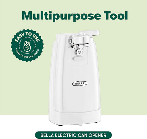 BELLA Electric Can Opener and Knife Sharpener, Multifunctional Jar and Bottle Opener with Stainless Steel Blade, White