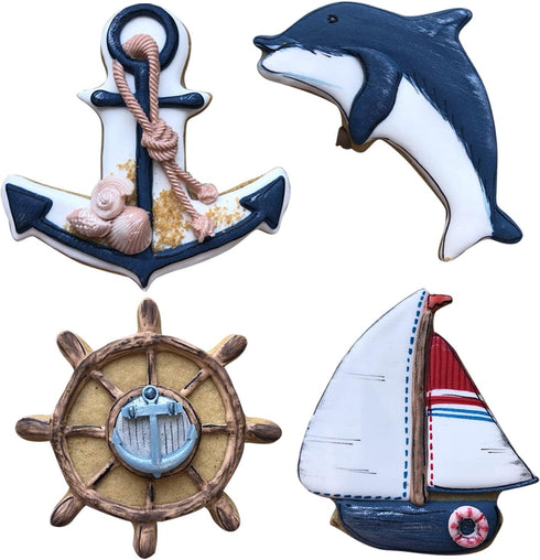 LILIAO Nautical Cookie Cutter Set - 4 Piece - Anchor, Sailboat, Rudder and Dolphin Biscuit Fondant Cutters