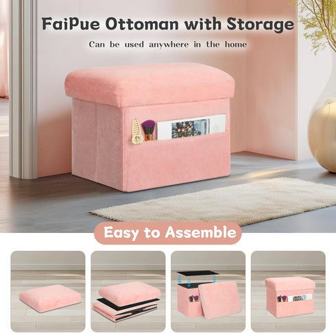 300 lbs, 17x13x13IN Storage Ottoman, Folding Ottoman Foot Rest Stool with Thicker Furry Padded Seat. Soft Fur Small