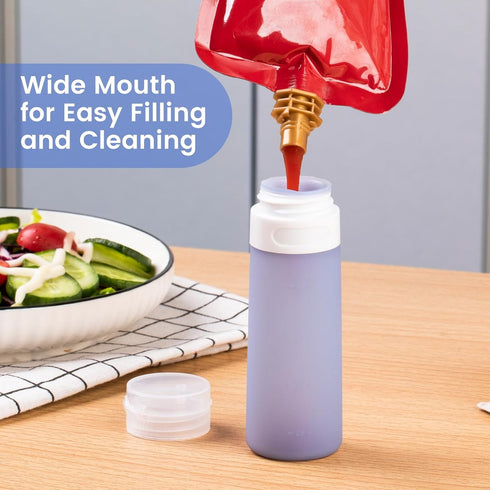 3-oz 4 Pack, MICEBAY Condiment Squeeze Bottles for Sauces, Mini Silicone Salad Dressing Container to Go with Snack