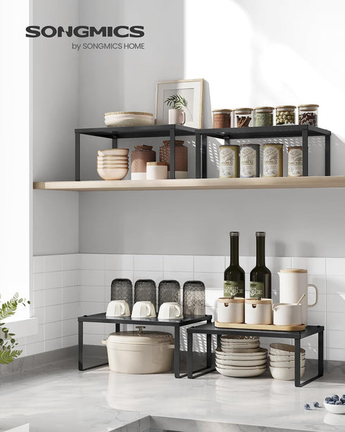 SONGMICS Spice Rack, Cabinet Shelf Organizers, Shelf Organizer, Countertop Organizer, Shelf Riser, Stackable, Expandable, Set of 2 Metal Kitchen Counter Shelves, Ink Black UKCS001B01 by SONGMICS