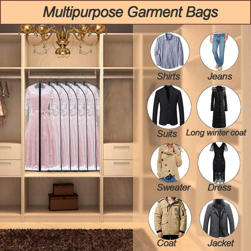 Garment Bags for Hanging Clothes, 24'' x 60'' (Set of 6) Foldable Washable Dress Covers for Long Dresses and Costumes