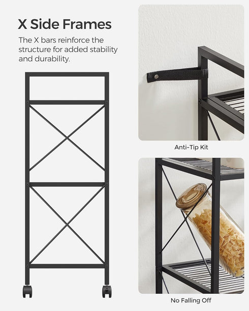 SONGMICS 3-Tier Metal Storage Rack with Wheels, Mesh Shelving Unit for Entryway, Kitchen, Living Room