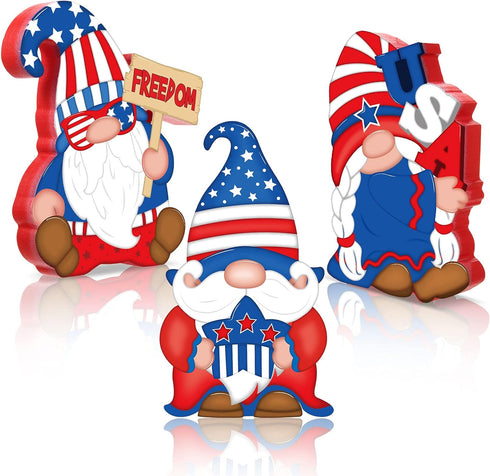 3 Pieces American Gnome Wooden Signs, Patriotic Table Decorations for Independence Day, Memorial Day, Veteran Day Party