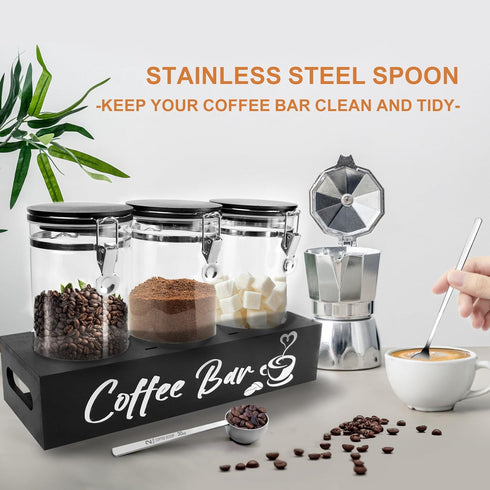 54oz Set MACIFECI Glass Coffee Containers with Shelf Coffee Station Organizer Black Glass Coffees Bean Storage Canister