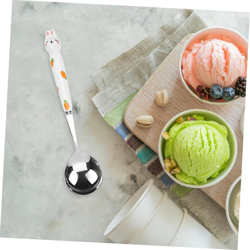 4pcs Bunny Dessert Spoon Set - Espresso, Ice Cream, Asian Soup Spoons, Stainless Steel Rabbit Design, Child Handle