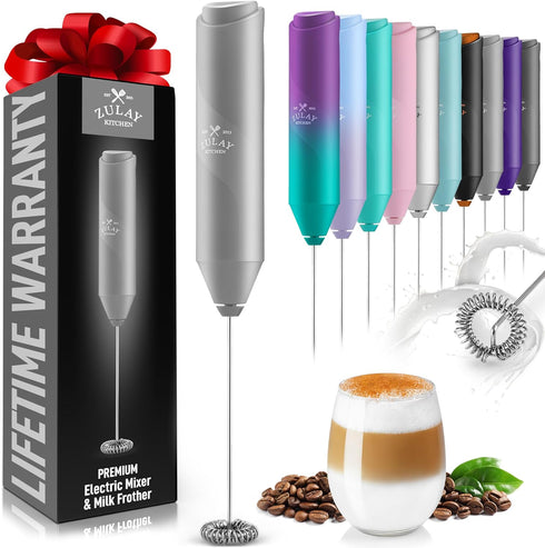 Zulay Kitchen Powerful Milk Frother Wand, Mini Handheld Stainless Steel Battery Operated Drink Mixer for Coffee,