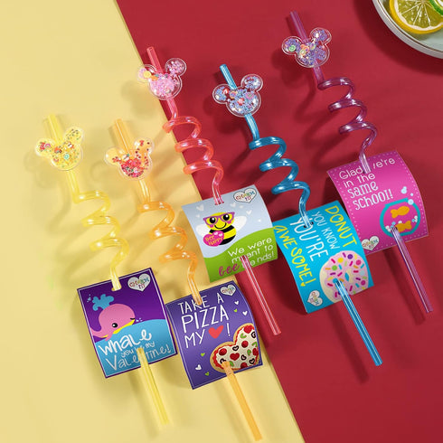 24 Glitter Mouse Ear Party Favors | Reusable Drinking Straws with 6 Designs for Theme Birthday Party Supplies