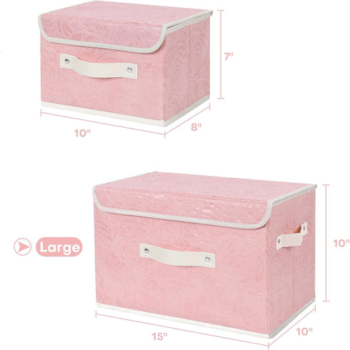 ANMINY Fabric Storage Bin with Lid, Rose Print Basket with PU Leather Handles, Pink, Large