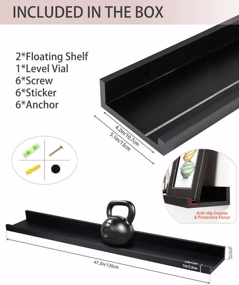 48 Inch Set 2, Long Floating Shelves for Wall, Black Picture Ledge Shelf Wall Mounted Bathroom Long Ledge of Floating